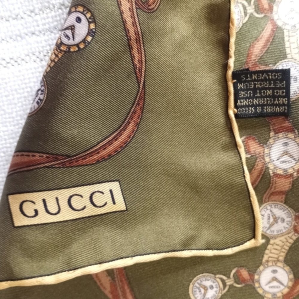 GUCCI Vintage OlivevGreen Silk Wrist Watch Clock Scarf Handkerchief - Picture 11 of 16